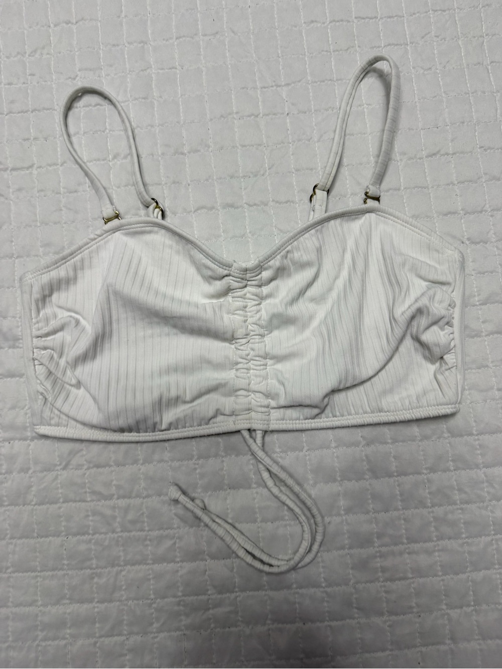 White Ribbed Ruched Crop Cami Top Adjustable Straps XS